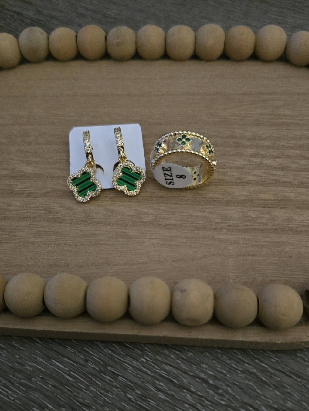 Gold-Tone Green Clover Earrings and Ring Set